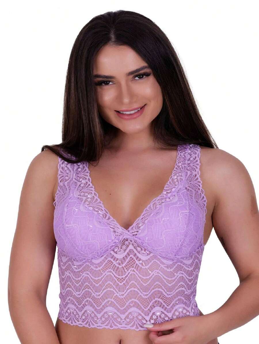Lace Cropped Top With Cupped Top - 紫丁香色 - 查看 1