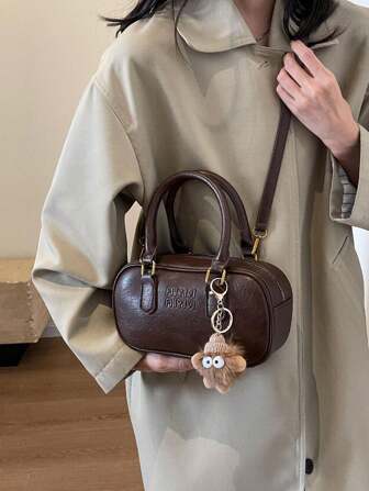 Vintage &Retro Bag 1pc 咖啡棕色单肩包带娃娃配饰，大容量软皮波士顿女式手提包，四季通勤手提包，秋冬新品，潮流日本包