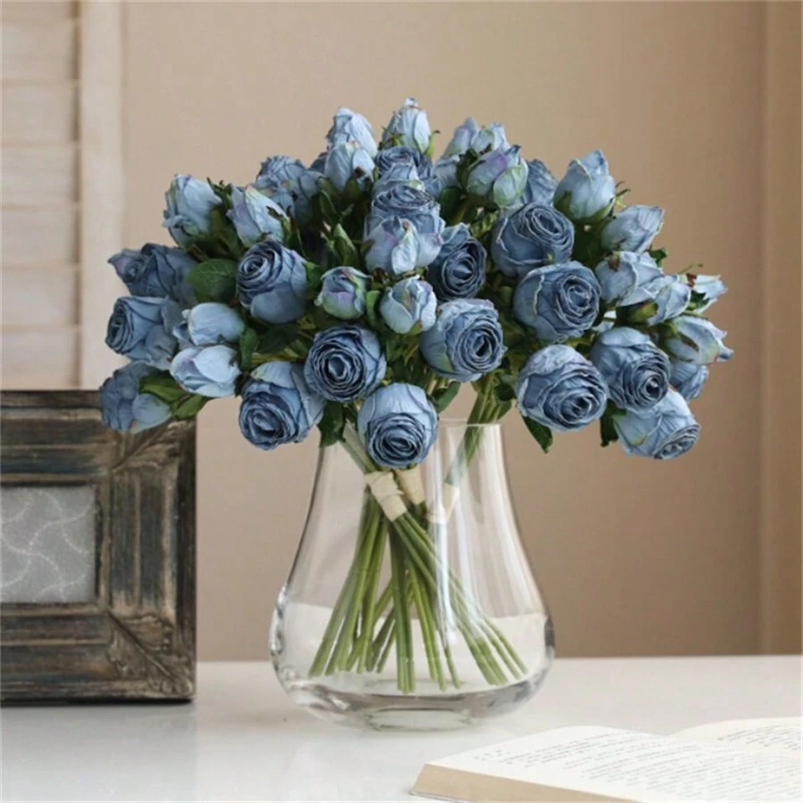 6pcs Artificial Rose Flower Bouquet With Vintage Burnt Edge Design, Suitable For Wedding, Diy Floral & Home Decoration, Valentine's Day Decoration - Blue - View 1