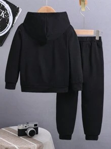Conjunto De Moletom Com Capuz E Calça De Esportes Para Menino Jovem Com Letras Impressas - Preto - Ver 2