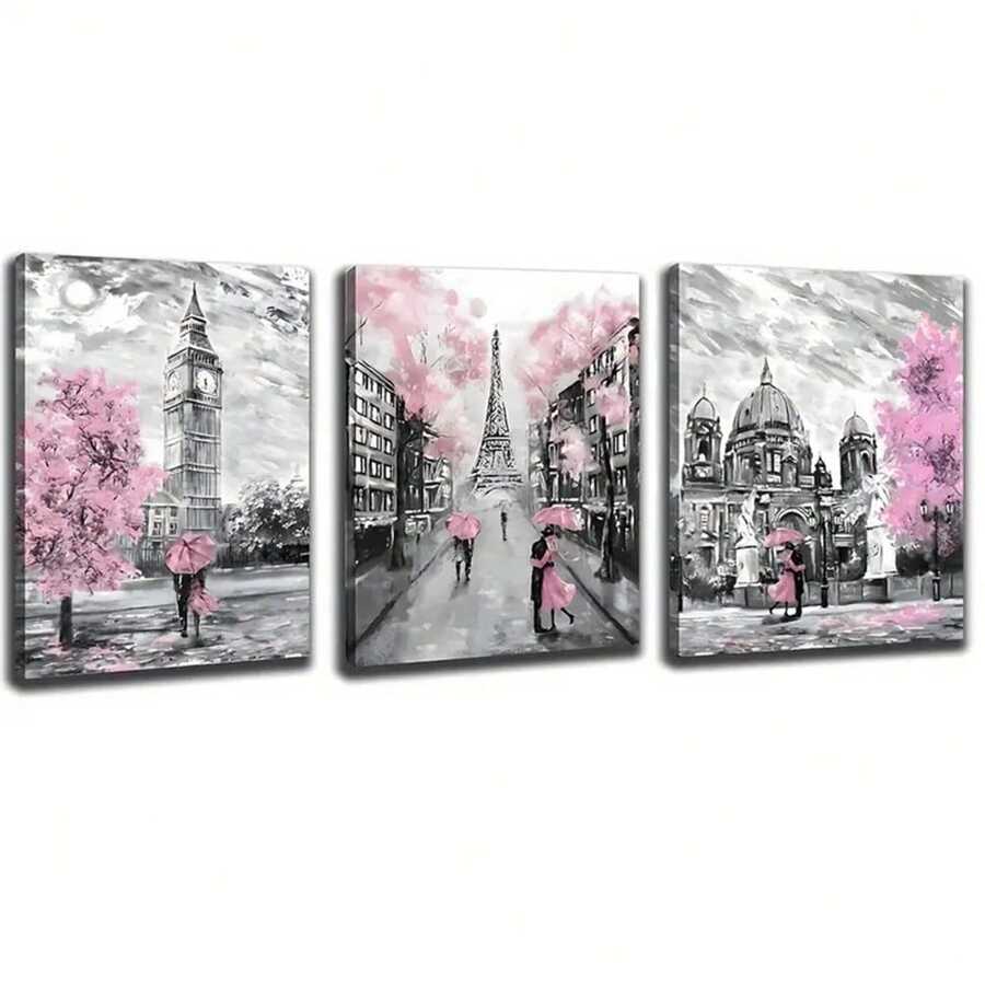 Conjunto De 3 Decoraciones De Torre Eiffel De París Para La Habitación De Las Niñas, Arte De Pared De Lona Con Tema De París En Rosa Y Arte En Blanco Y Negro De La Torre Eiffel, Pintura De La Torre Eiffel De Londres Big Ben, Decoración Del Hogar, Sin Marco