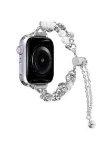 1入白色珍珠裝飾掛墜手錶錶帶適合所有Apple手錶帶型號38mm/40mm/41mm/42mm/44mm/45mm/49mm尺寸，適用於系列Ultra/Se/S9/8/7/6/5/4/3/2 /1型號，與裙子一起在所有季節中使用，是一款完美的手錶帶，易於調整，不易褪色。 - 銀色 - 查看 6