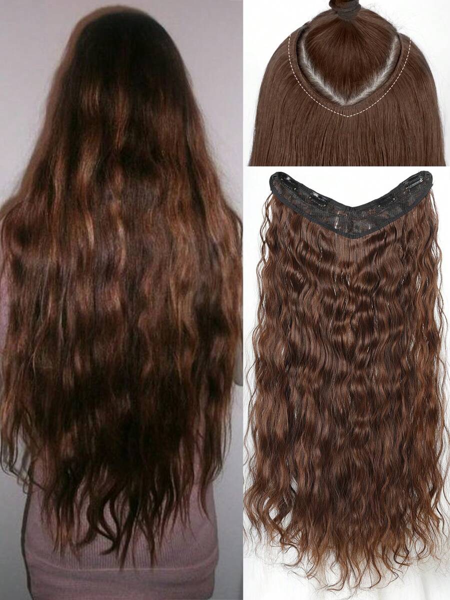 V 型合成耐热接发夹式接发长波浪发型假发黑棕色自然女士假发 - Light Brown - 查看 1