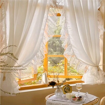 1入組白色雪紡薄紗窗簾，帶法式褶邊，呈現半透明效果