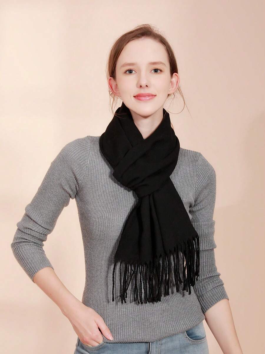 1 Miếng Bắt chước Cashmere Màu thuần Cha mẹ - con cái Khăn quàng cổ - màu đen - Xem 1