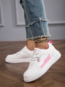 女款低幫透氣休閒鞋,色塊拼接,時尚多用滑板鞋,輕便舒適白鞋