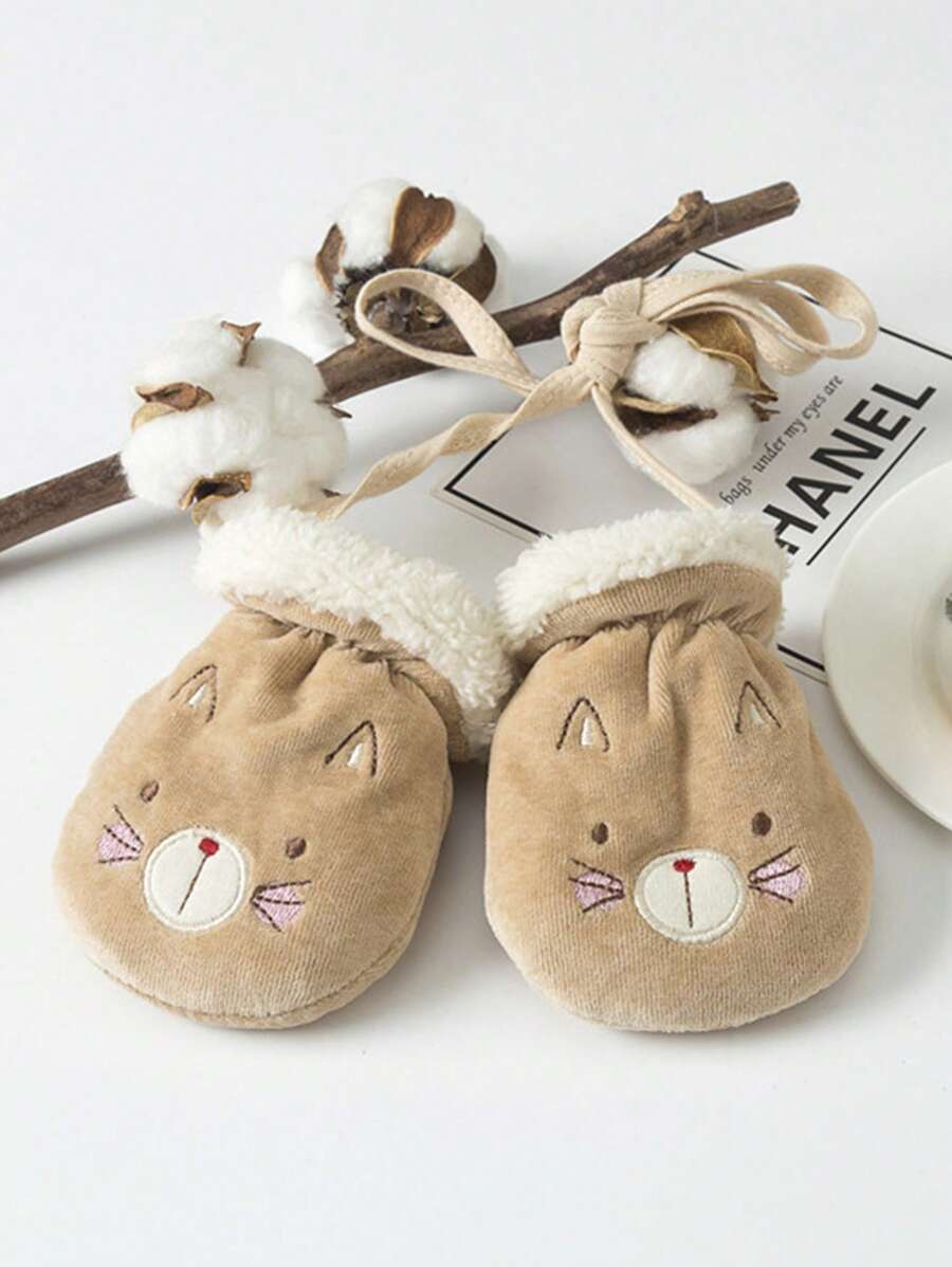 1 Găng tay dày lót nhiệt hình mèo dễ thương cho bé có dây treo cổ giữ ấm mùa đông - Màu Khaki - Xem 1