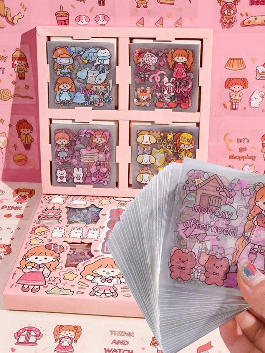 100pcs Colorful Cartoon Cute Stickers, PET Material Phone Cup Decorative Supplies - Multicolor - View 1