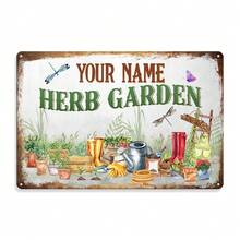 1入Vintage戶外園藝鐵片畫，個性化牆面鐵畫「您的名字-香草花園」花紋金屬掛牌招牌，鄉村庭院裝修家居戶外車庫廊桥廚房農場前門植物裝飾園藝裝飾的花卉圖案錫牌海報 - 彩色 - 查看 4