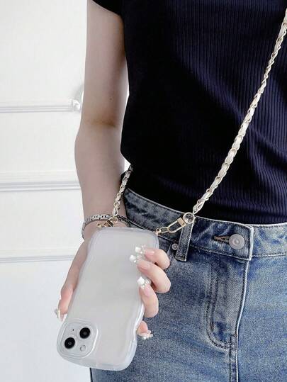 Transparent Wavy Phone Case With Gold Metal Chain Detachable Strap, Suitable For Waterproof Shockproof Anti-Fall Scratch Resistant