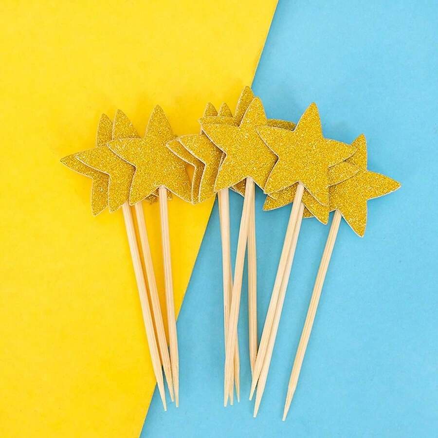 Bộ sản phẩm trang trí bánh hình ngôi sao năm cánh Bộ trang trí bánh cắm điện Tiệc nướng tráng miệng Khăn trải bàn 10 món - Vàng - Xem 1