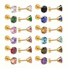 1 套/24 件四爪圓形切割合成方晶鋯石平背耳環耳環。金的。情人節禮物的最佳選擇 - 金色 - 查看 11