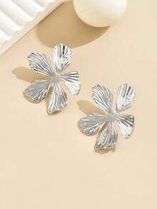 1對時尚金屬幾何花卉耳釘耳環 - 銀色 - 查看 5