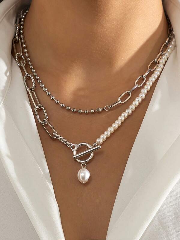 1pc Golden Retro Personality Stainless Steel Long Beaded Chain Faux Pearl Ot Clasp Necklace For Women Dating