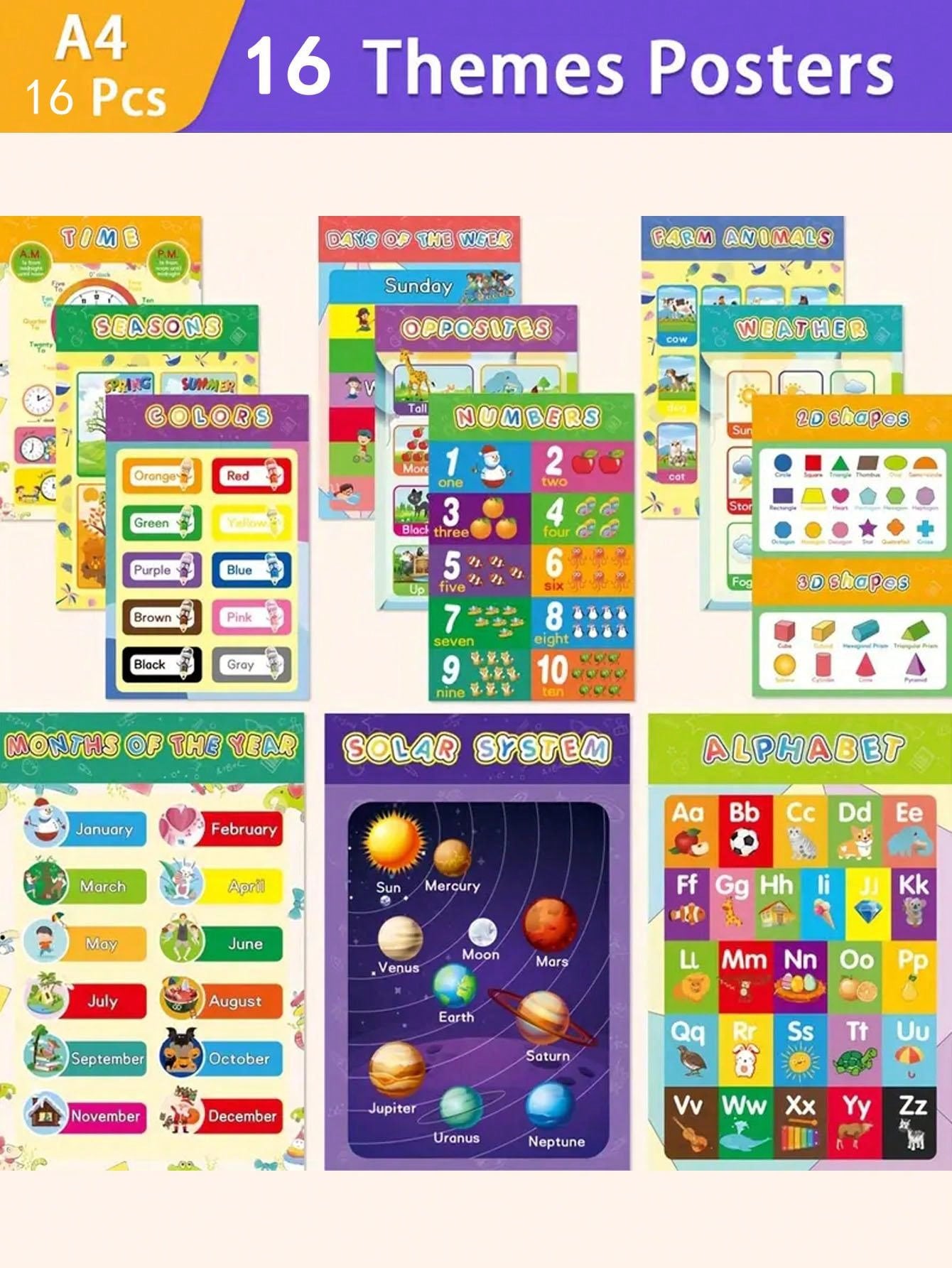 16pcs Children's Education Posters For Preschool Early Childhood
