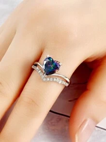 1枚精致心形立方氧化锆戒指，适合女性佩戴，可用于婚礼、订婚、情人节及其他场合。 - 彩色 - 查看 5