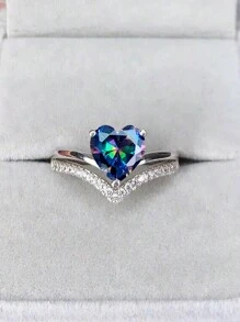 1枚精致心形立方氧化锆戒指，适合女性佩戴，可用于婚礼、订婚、情人节及其他场合。 - 彩色 - 查看 2