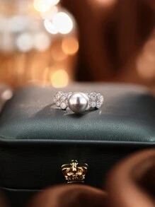 1 件套优质礼品套装，925 银戒指镶嵌灰色仿珍珠和方晶锆石 - 手工珠宝，送给女朋友、周年纪念日、节日的完美礼物