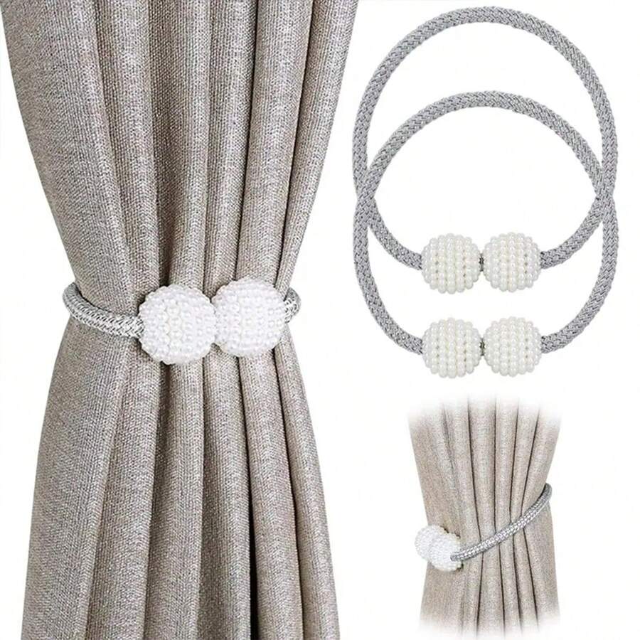 2pcs Magnetic Curtain Tiebacks With Window Curtain Backing Board And Rope Tassel, Classic Design For Home And Office, Total Length 16.54 Inches - Grey - View 1