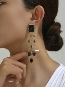 1對復古優雅方形黑水晶長流蘇耳環,時尚華美女士及少女飾品 - 黑色 - 查看 7