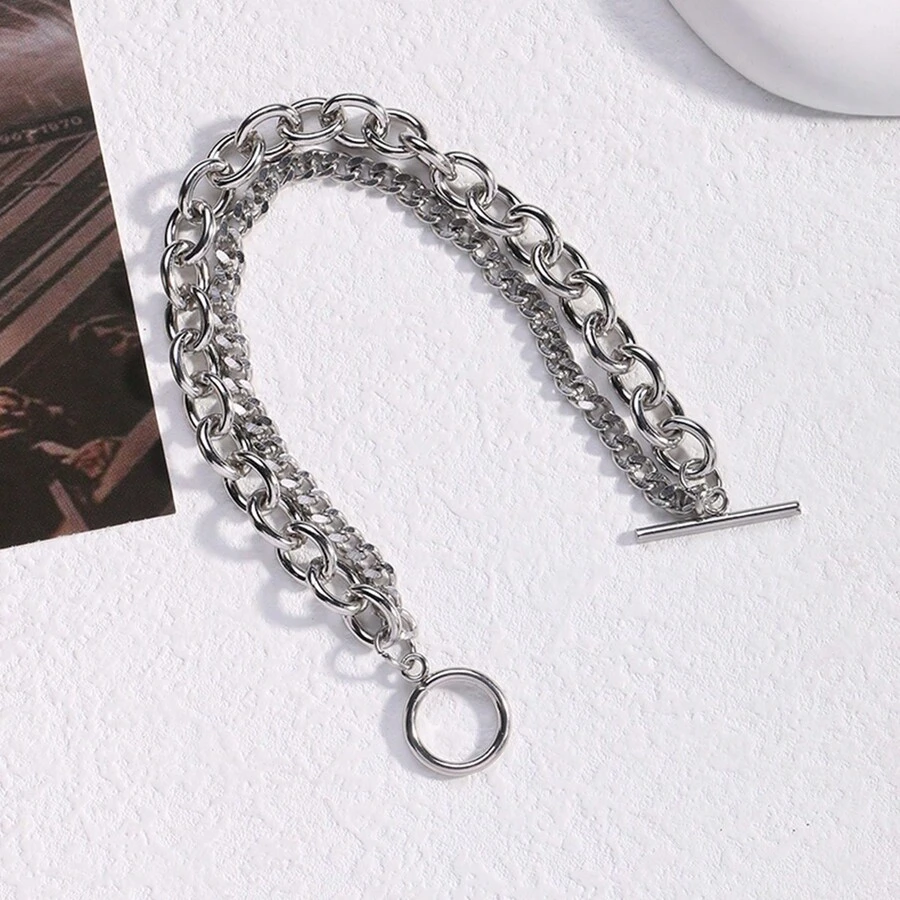 1pc Men's Simple & Fashionable Double Layer Stainless Steel Chain Bracelet - Silver - View 1