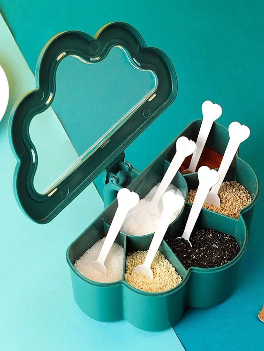 1pc Kitchen Combination Integrated Seasoning Box Creative Multi-compartment Salt Jar Seasoning Jar Plastic Household Seasoning Box - Green - View 1