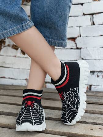 男孩透氣、防臭舒適的中筒針織襪鞋，蜘蛛圖案，休閑兒童鞋