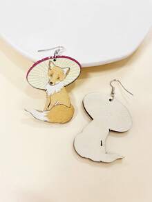 1對木製動物與寵物設計耳環,創意蘑菇、雨傘、狐狸耳吊墜,適用於冬季聚會、節日裝扮、送禮給朋友