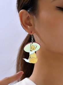 1對木製動物與寵物設計耳環,創意蘑菇、雨傘、狐狸耳吊墜,適用於冬季聚會、節日裝扮、送禮給朋友