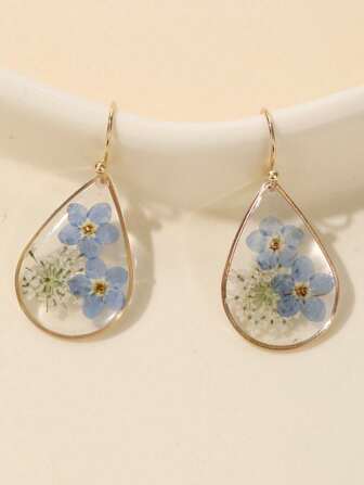 1 paire de boucles d'oreilles en forme de goutte d'eau avec résine et fleurs séchées avec surface collante, convient pour le port quotidien des femmes, fleurs séchées naturelles, formes et couleurs aléatoires, Valentin, maman, mère, fête des mères, cadeau