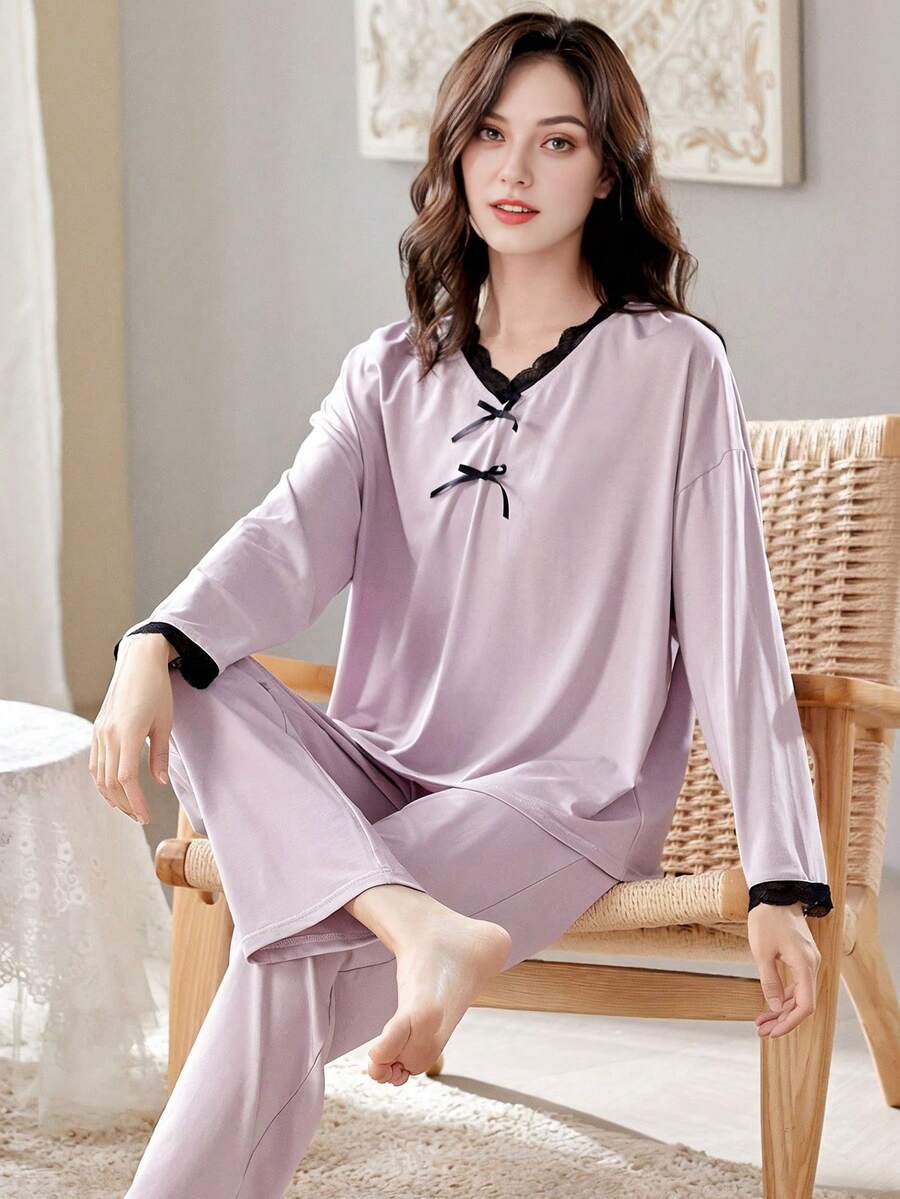 Conjunto De Pijama De Manga Larga Para Mujer Para Primavera Y Otoño - Morado - Ver 1