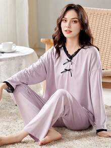 Conjunto De Pijama De Manga Larga Para Mujer Para Primavera Y Otoño - Morado - Ver 5