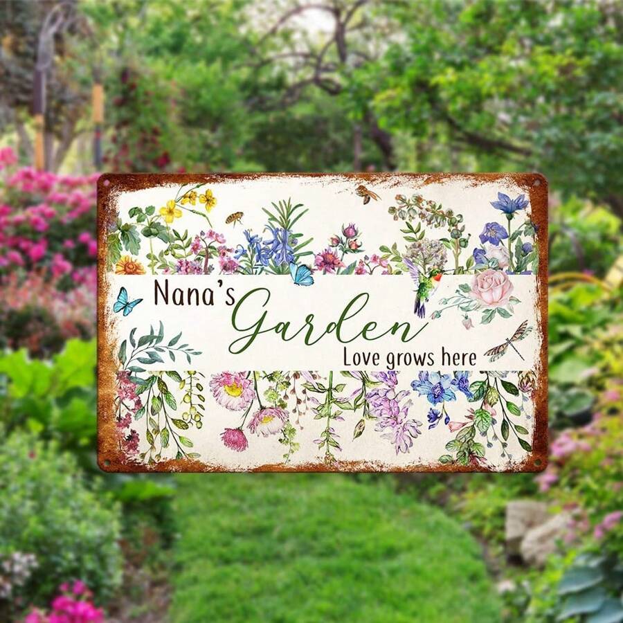 1入戶外復古園藝鐵片畫，個性化牆壁畫作「花園之愛在此滋長」，花卉圖案金屬導電器掛牌花園花卡，田園花園工具房牆面裝飾，家居戶外車庫庭院門廊厨房農莊門前裝飾，花園藝術裝飾 - 彩色 - 查看 1