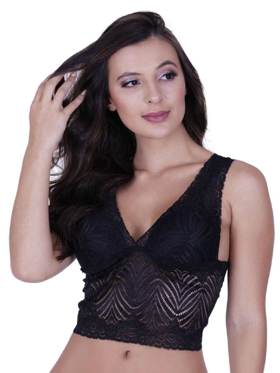 Lace Cropped Top With Cupped Top - 黑色 - 查看 1