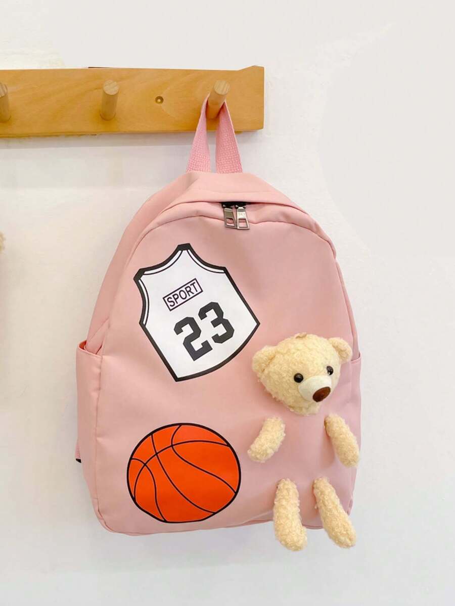 新款儿童篮球卡通背包轻便尼龙休闲背包可爱熊装饰幼儿童时尚背包小学生便携拉链书包收纳袋适合儿童男女童出游度假使用旅游配件