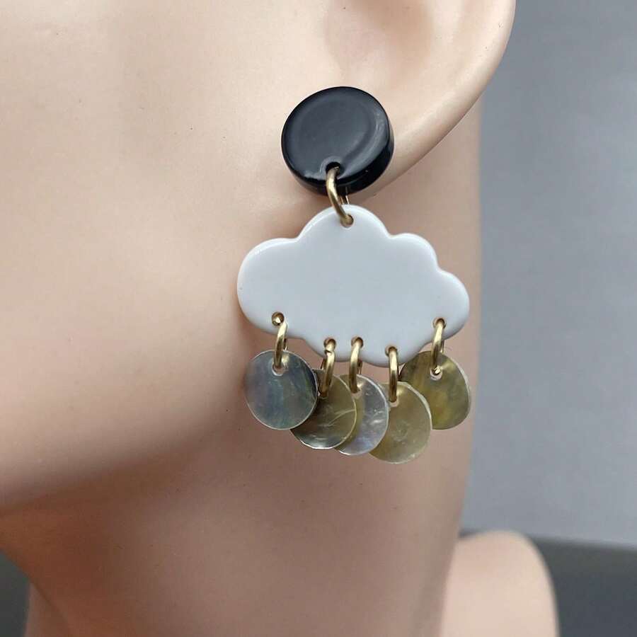 1pair Natural Shell Cloud Design Earrings Suitable For Women's Daily Wear - Black and White - View 1