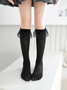 女童a款黑色花邊公主蕾絲中筒襪 - 黑色 - 查看 1