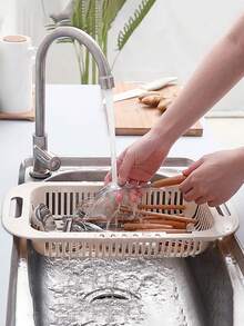 1pc Retractable Vegetable Basket Adjustable Plastic Basket Kitchen Dishwashing Vegetable Washing Rack Stretchable Drain Basket - White - View 7