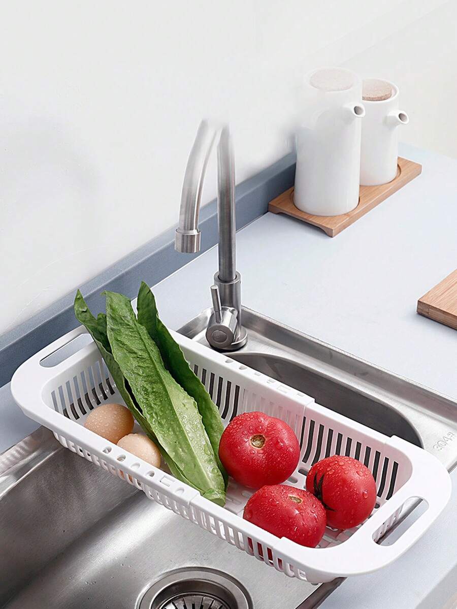 1pc Retractable Vegetable Basket Adjustable Plastic Basket Kitchen Dishwashing Vegetable Washing Rack Stretchable Drain Basket - White - View 1