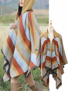 Women'S Striped Warm Cape, Suitable For Travel Atmosphere, Matching And Photographing In Autumn And Winter - Camel - View 1