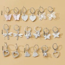 9 cặp/bộ Châu Âu và Châu Mỹ Rỗng Tấm bảng Loại bướm & Hình trái tim Đơn giản vui tươi Hoa tai Đối với phụ nữ - Bạc - Xem 3