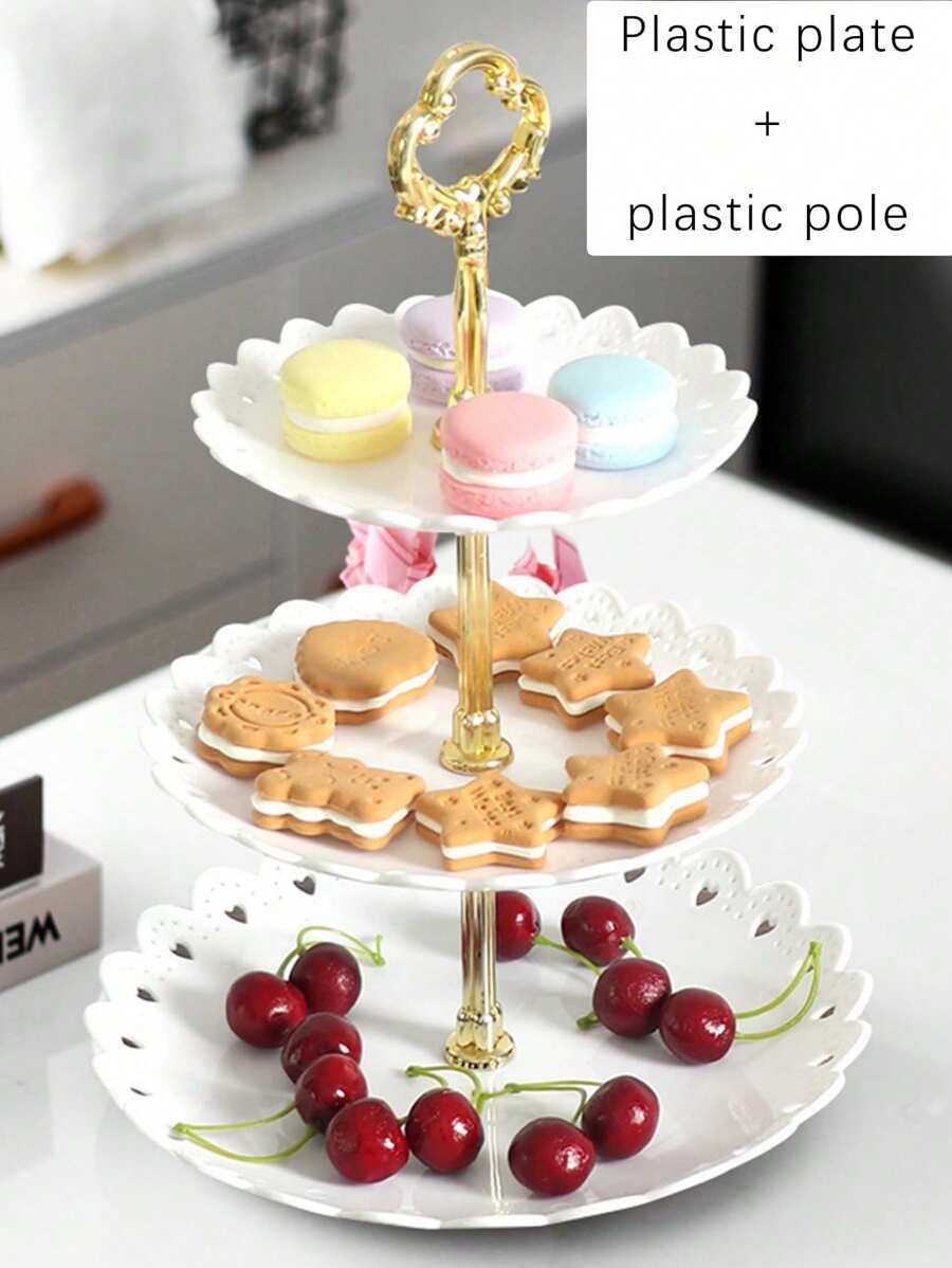 3pcs/set White Plastic Plates & Removable Plastic Rods European Style Fruit Tray Stand