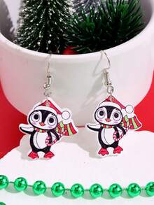 1對女式木質黑白聖誕企鵝垂墜耳環 - 黑與白 - 查看 5