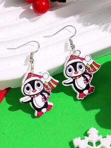 1對女式木質黑白聖誕企鵝垂墜耳環 - 黑與白 - 查看 4