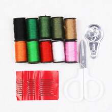 附盒裝攜帶式縫紉補釘套裝,帶有縫紉圖案的布料、針線、裁剪剪刀和其他縫紉工具 - 彩色針插盒 - 查看 2