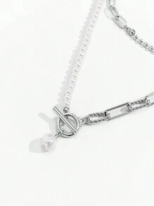 1pc Vintage Gold Color Pearl Chain Necklace With Clasp, Layered Design, Suitable For Dating, Gifting, And Daily Wear