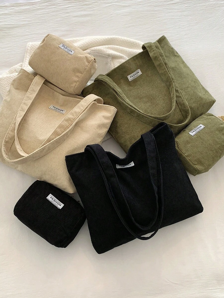 Túi vải nhung kẻ dung tích lớn, Túi đeo vai và đeo chéo đơn giản và văn học mới, Túi xách vải nhung kẻ phong cách đơn giản và túi xách cho mẹ