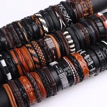 10 Piezas/pack Pulseras Trenzado Ajustable Multicolor Negro Y Marrón De Estilo Europeo Y Americano De Moda, Perfectas Para Regalo De Accesorio De Joyería De Los Hombres - brazalete de cuero - Ver 3