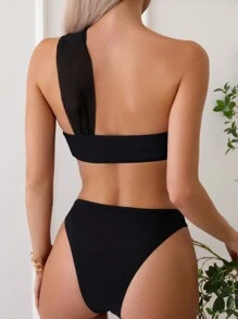 Oblique Shoulder Sheer Mesh Sexy Bikini Set For Women - Black - View 3