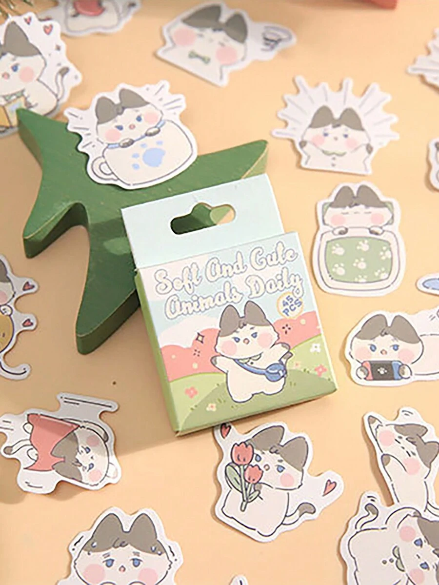 1 Caja De 45 Piezas De Pegatinas Adhesivas Con Forma De Conejo Y Gato De Dibujos Animados Para Uso Diario, Adecuado Para Scrapbooking Y Journaling - Multicolor - Ver 1